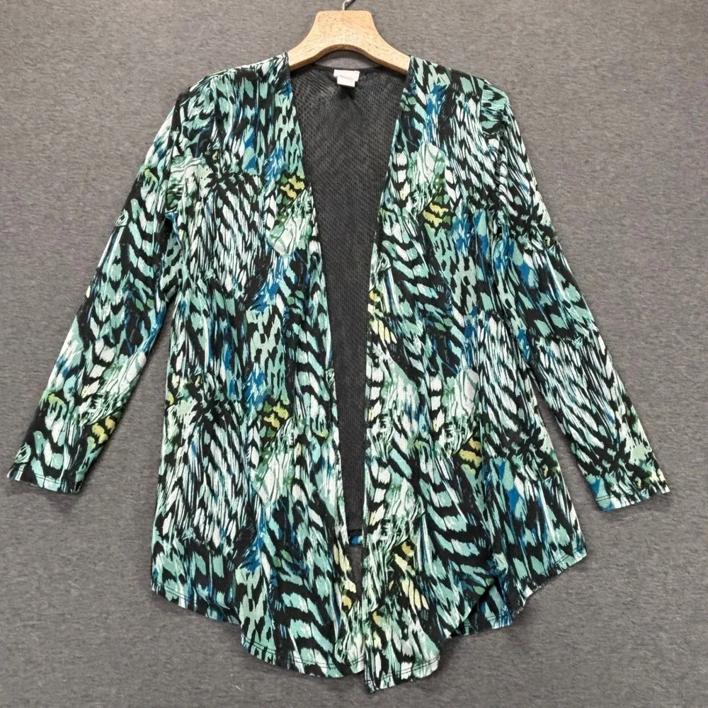 Chicos Cardigan Womens S Open Front Long Sleeve Teal Black Abstract Print Sheer